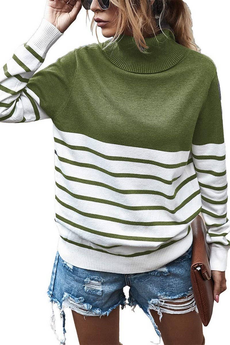 CWOSWL3464_TURTLENECK STRIPED COLORBLOCK KNIT SWEATER