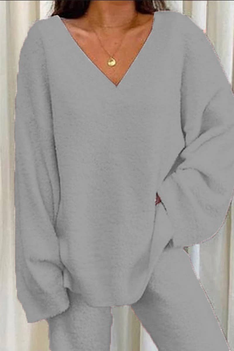 CWSTB00381_SOLID COLOR V-NECK CASUAL HOME WARM SUIT