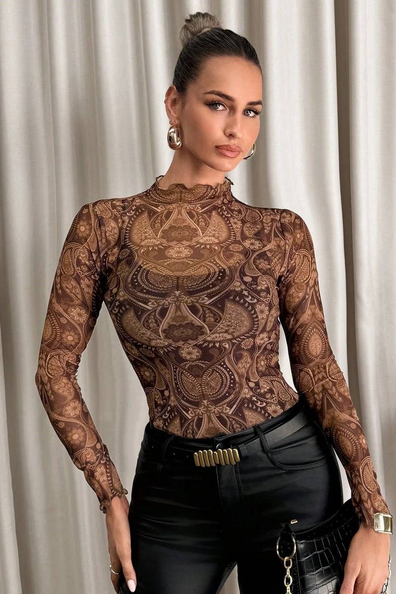 CWTBLL3467_LEOPARD PRINT MESH RUFFLED SLIM FIT TOP