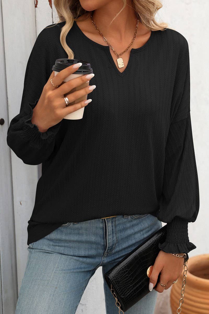 CWTBLL1814_LOOSE FIT V-NECK BATWING SLEEVE LONG SLEEVE TOP