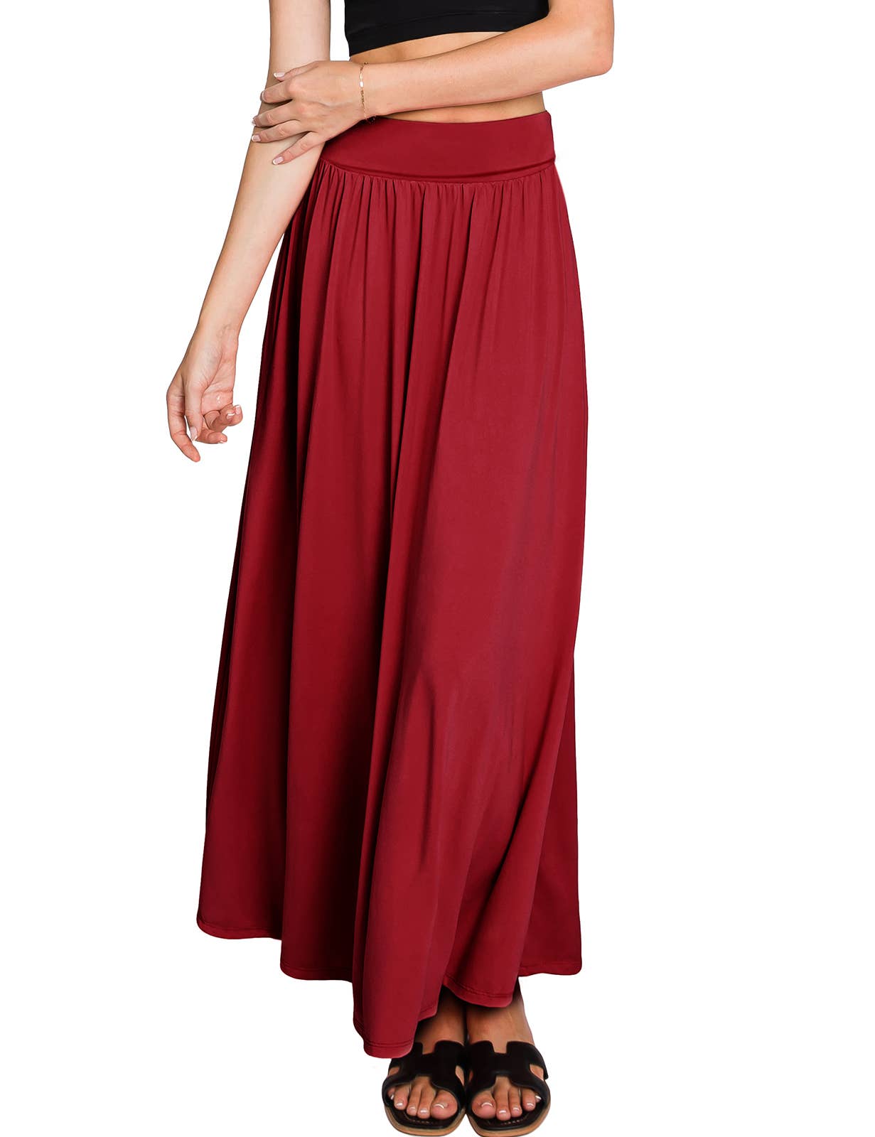 AWBLS089_High Waist Elastic Closure Gather Maxi Skirt
