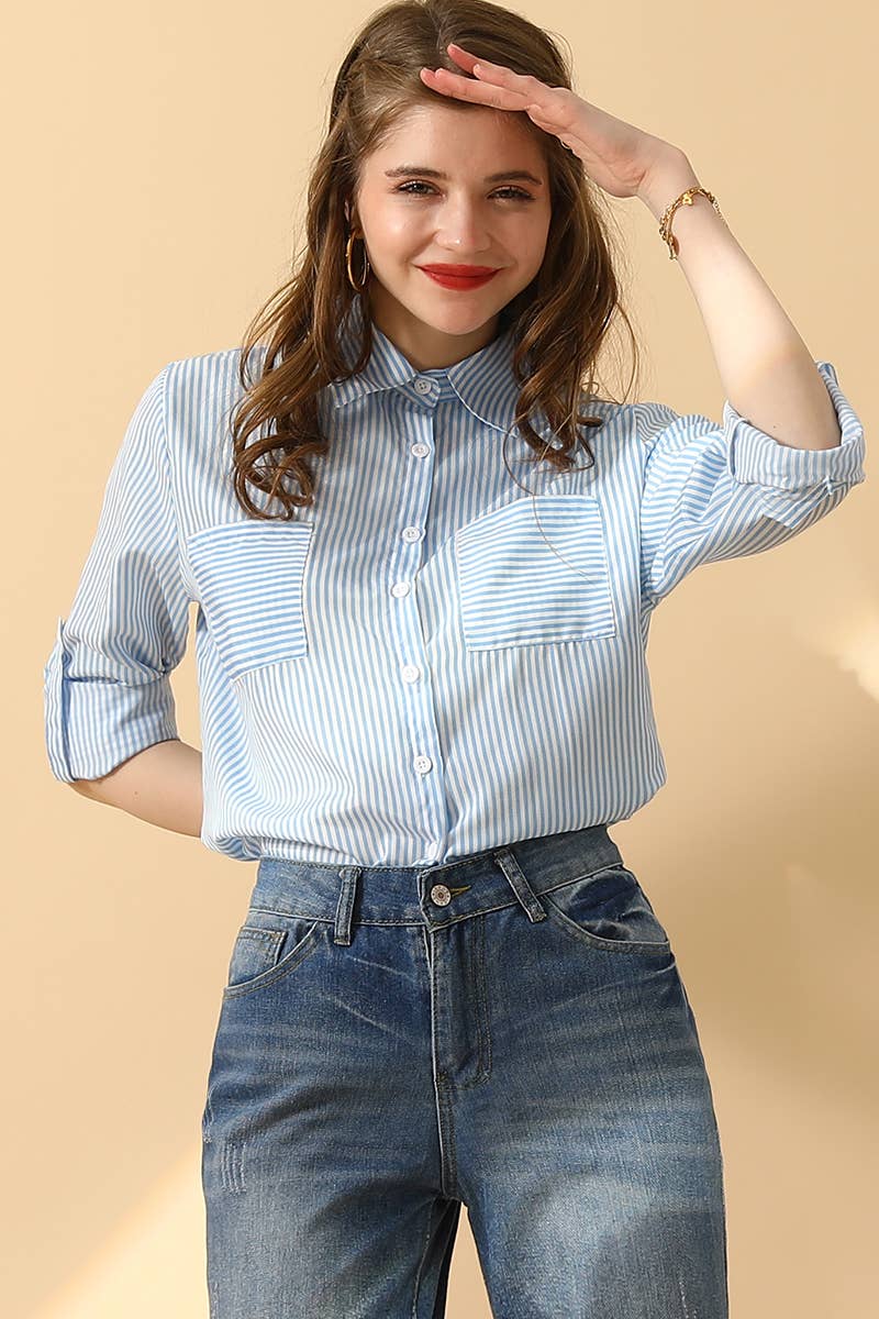 CWTSTL716_Striped Button Down Long Sleeve Collared Shirts
