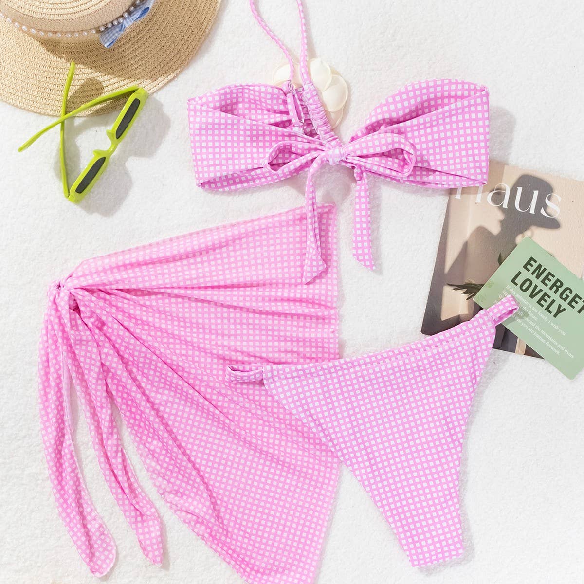 Women's 3D Floral Bikini Set-Pink Gingham Swimsuit