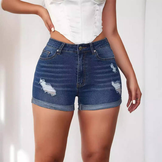 Casual ripped rolled hem denim shorts