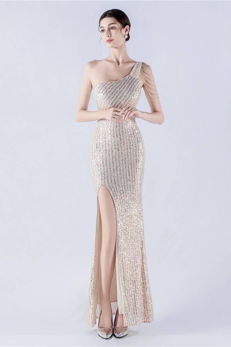 CWDMD4826_ONE-SHOULDER OFF-SHOULDER HIGH-SLIT SEQUINED DRESS