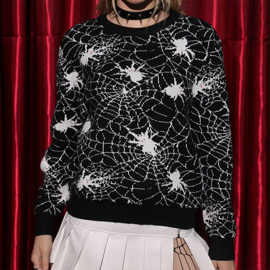 BLACK SPIDER JACQUARD LOOSE LONG-SLEEVED SWEATER