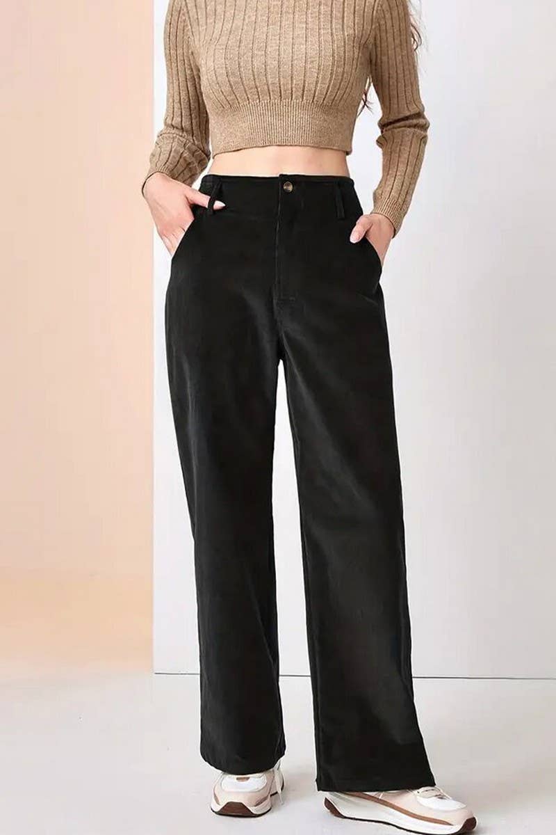 CWBLP1394_SOLID COLOR HIGH WAIST CASUAL STRAIGHT TROUSERS