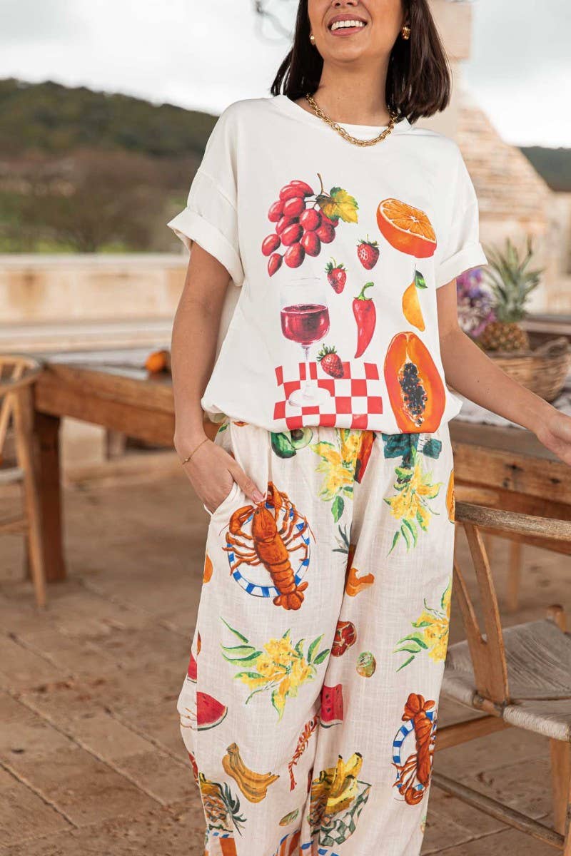 CWSS1255_GRAFFITI PRINT LOOSE T-SHIRT + WIDE-LEG PANTS SET