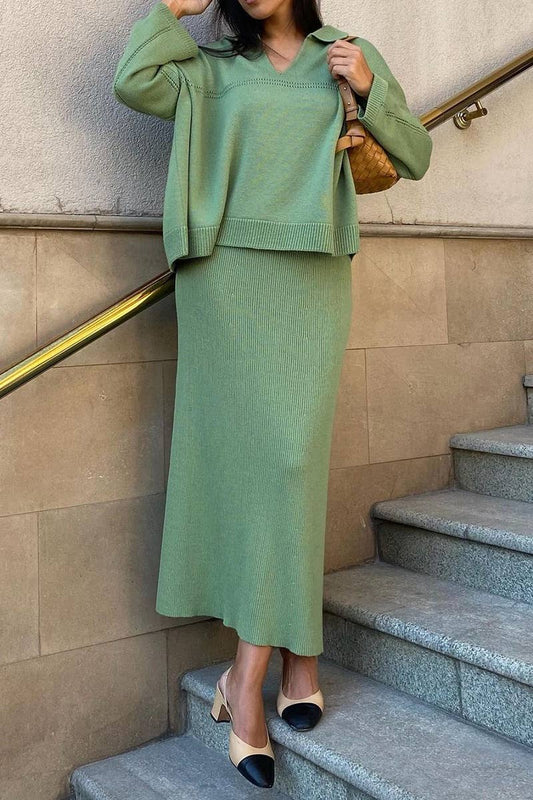 CWSS0750_KNITTED V-NECK LONG SLEEVE SWEATER SKIRT SET