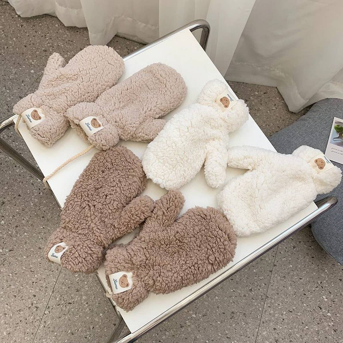 Cute Bear Fleece Mittens ? Warm Neck Strap Gloves_CWAG0178