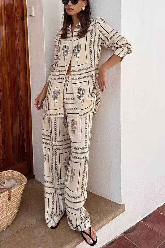 Fashiona linen cardigan and wide-leg pants set