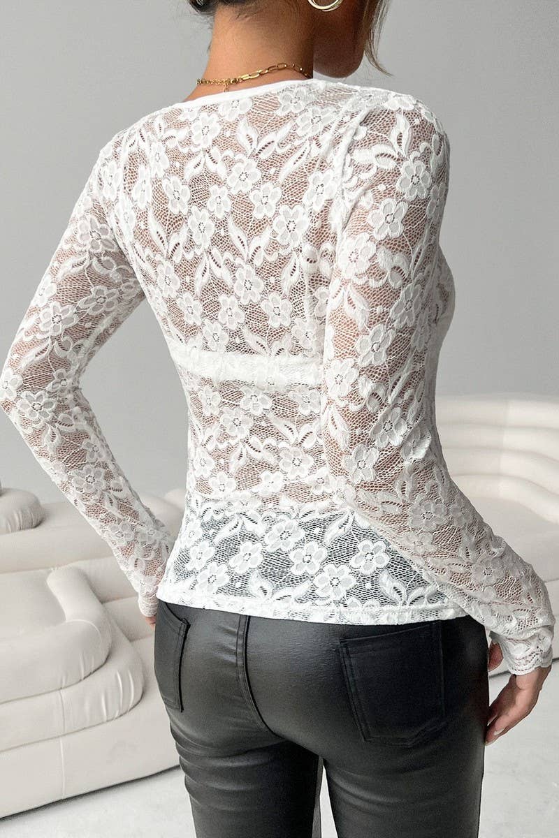 CWTBLL3474_SOLID COLOR V-NECK SINGLE LAYER LACE TOP