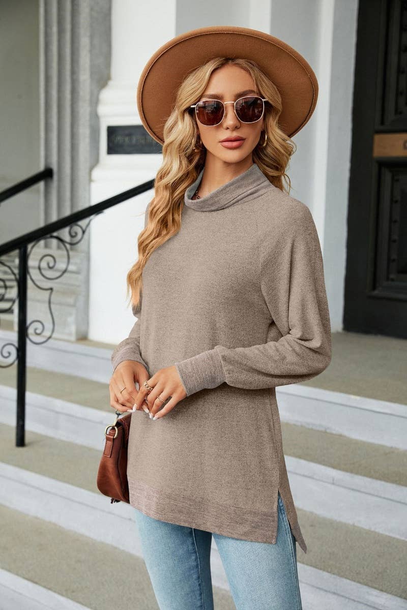 CWOSWL6537_HIGH-NECK CONTRASTING COLOR LONGSLEEVED SPLIT TOP