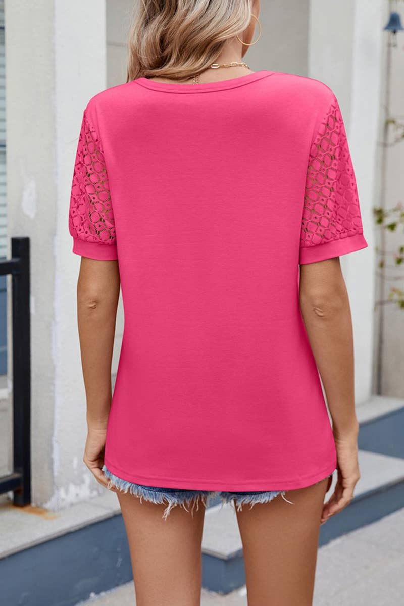 CWTTS1327_V-NECK LACE PANEL SHORT-SLEEVED LOOSE T-SHIRT