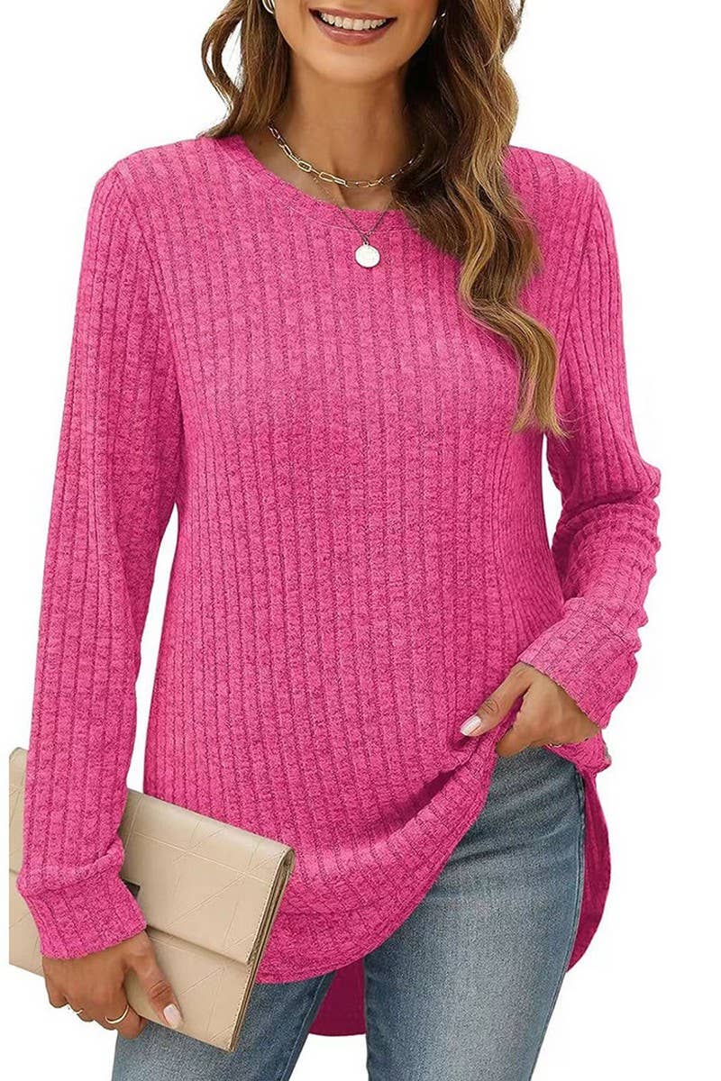 CWTBLL2383_ROUND NECK LONG SLEEVE SLIT SWALLOWTAIL TOP