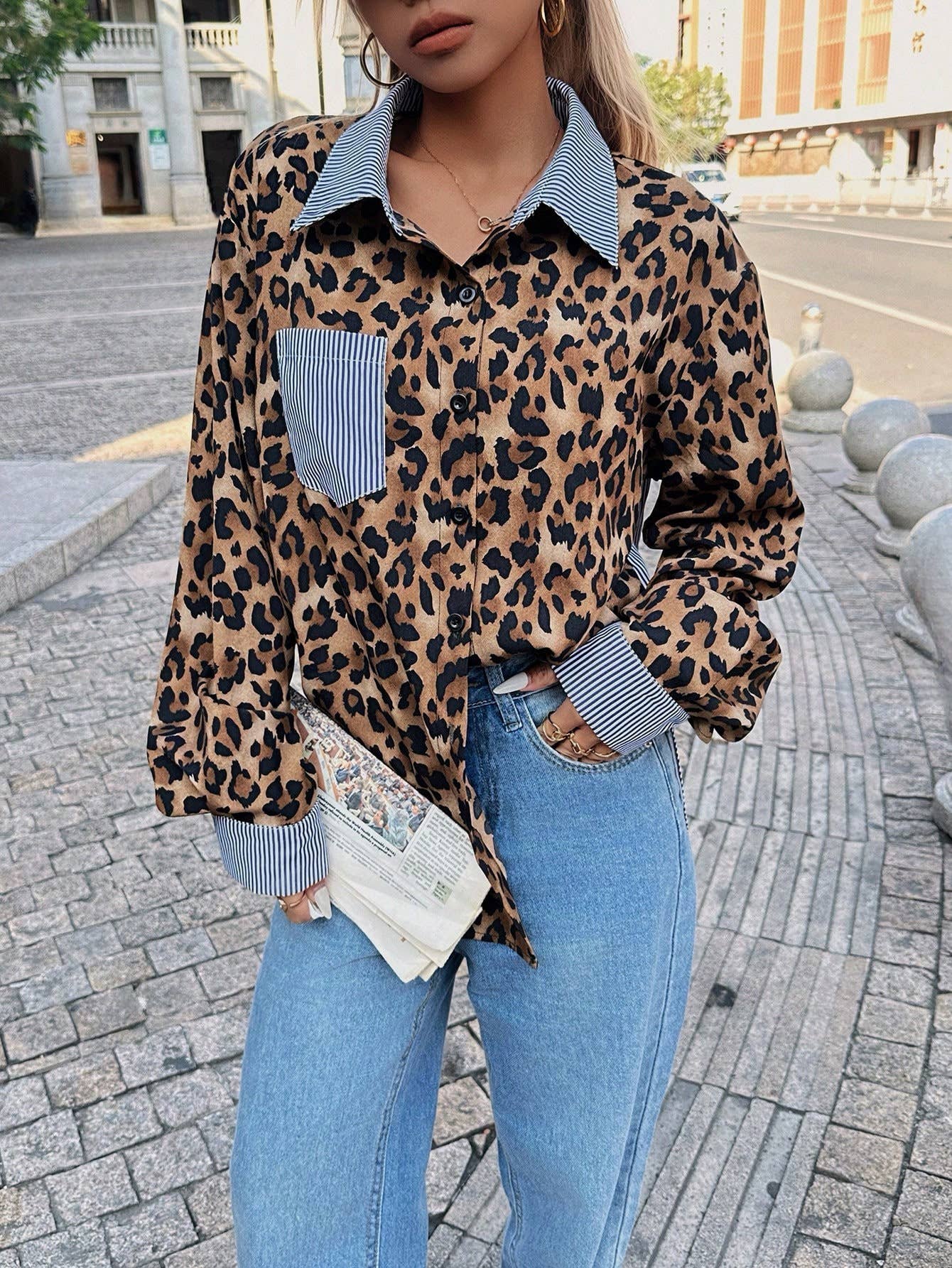 Fashionable leopard print patchwork loose shirt