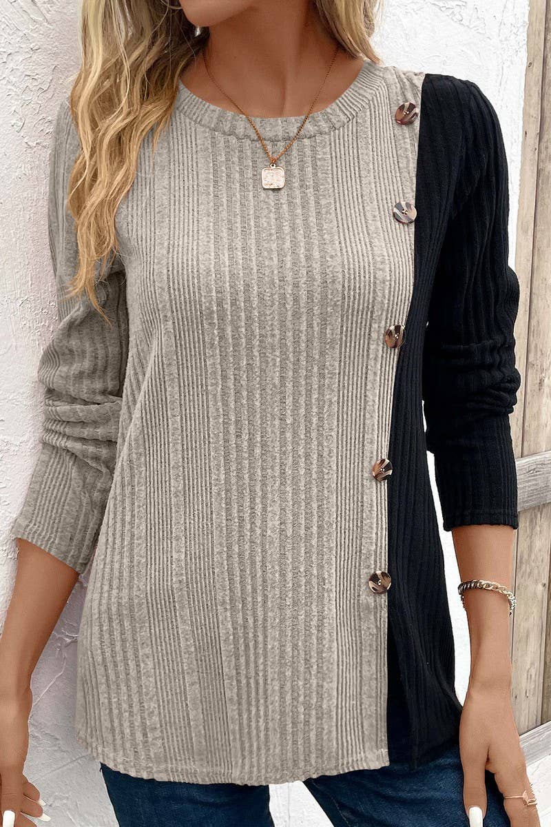 CWTBLL3195_COLORBLOCK CONTRAST BUTTON-DOWN SLIT CASUAL TOP