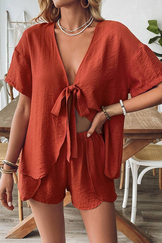 CWSTB1834_CASUAL TIE FRONT BLOUSE AND SHORTS SET