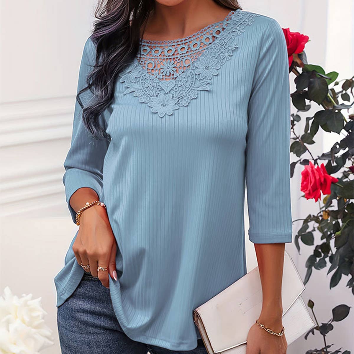 Elegant Lace A swing long sleeve lace collar top