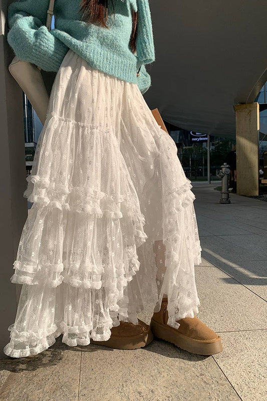 CWBLS00714_2025 FLORAL MESH RUFFLE IRREGULAR MAXI SKIRT
