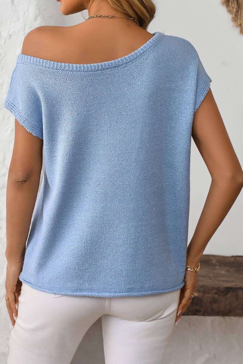 CWOSWS0129_SOLID COLOR KNITTED SHORT-SLEEVED PULLOVER TOP