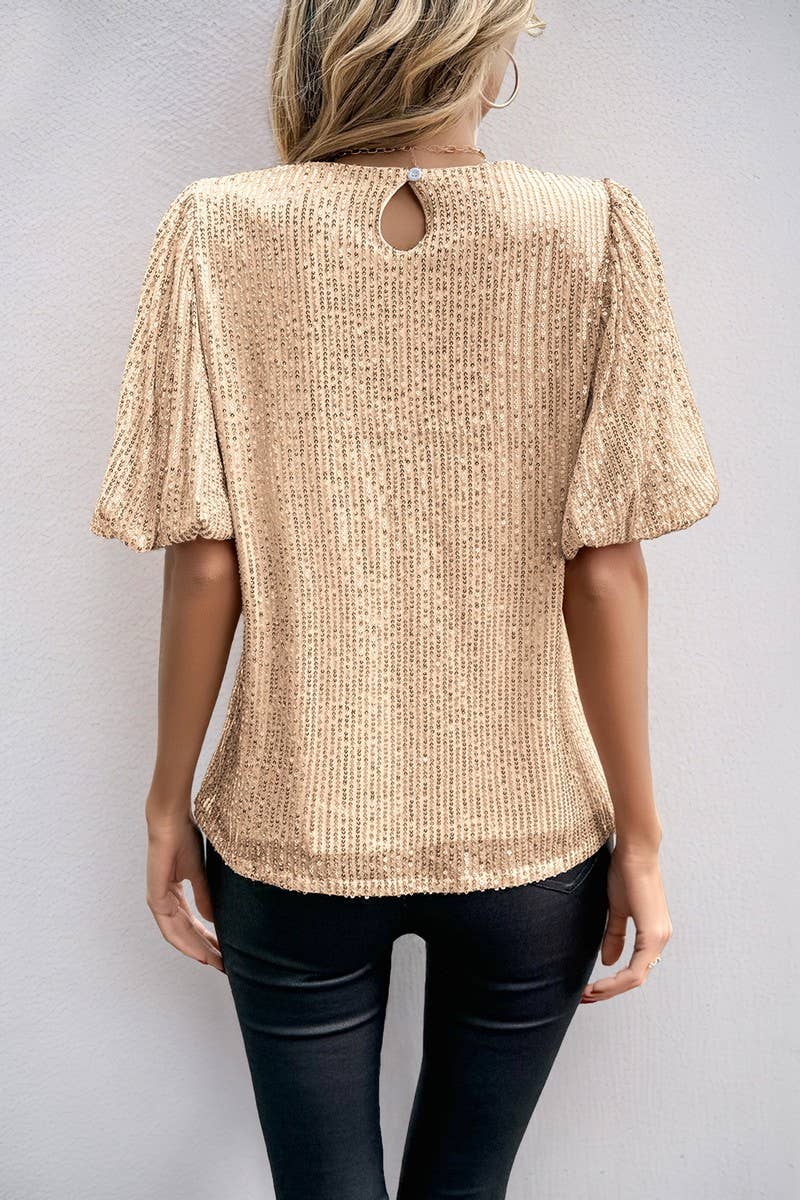 CWTBLS1849_ROUND NECK RETRO BELL SLEEVE SEQUIN TOP