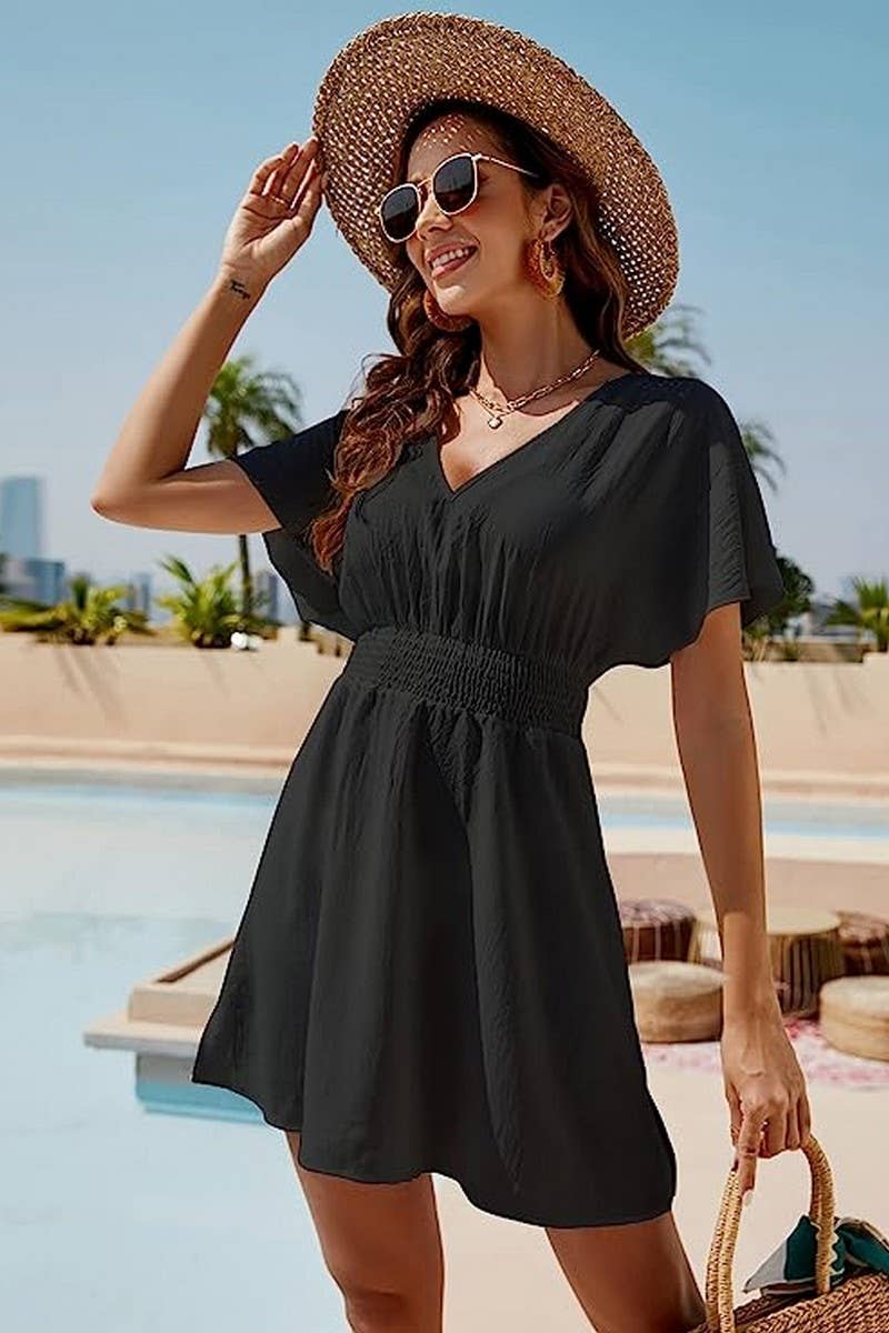 CWDSD3629_CASUAL V-NECK PLEATED SHORT DRESS