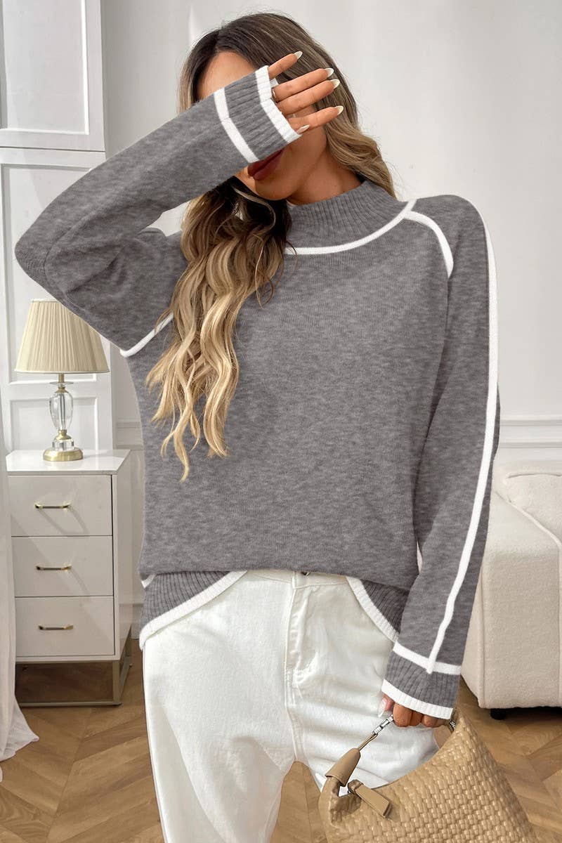 CWOSWL07155_COLORBLOCK MOCK NECK LOOSE PULLOVER SWEATER