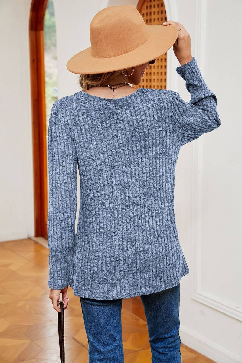 CWTBLL2372_SQUARE COLLAR BUTTON-DOWN LONG SLEEVE LOOSE TOP