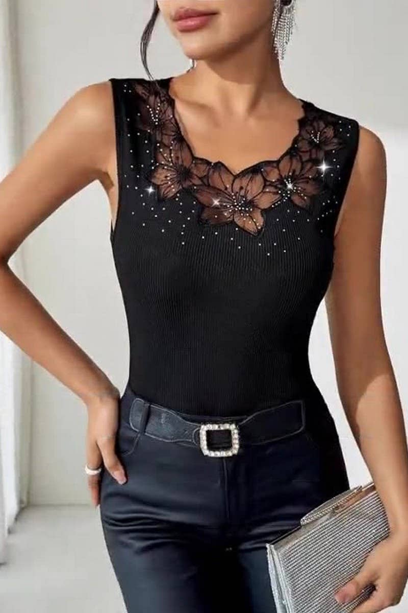CWTBLSL0874_CHIC BLACK RIBBED RHINESTONE TANK TOP