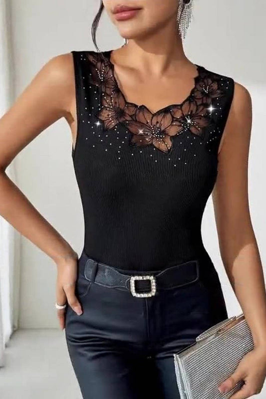 CWTBLSL0874_CHIC BLACK RIBBED RHINESTONE TANK TOP