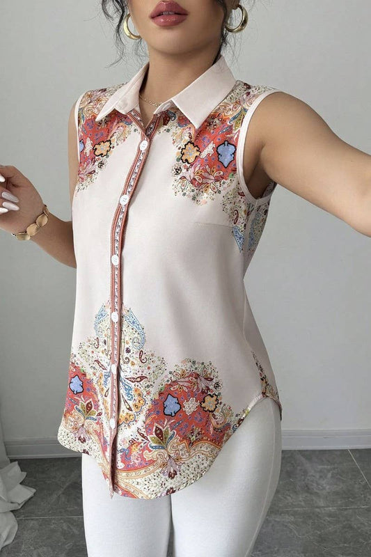 CWTBLSL01042_VINTAGE PRINT SLEEVELESS LAPEL BLOUSE