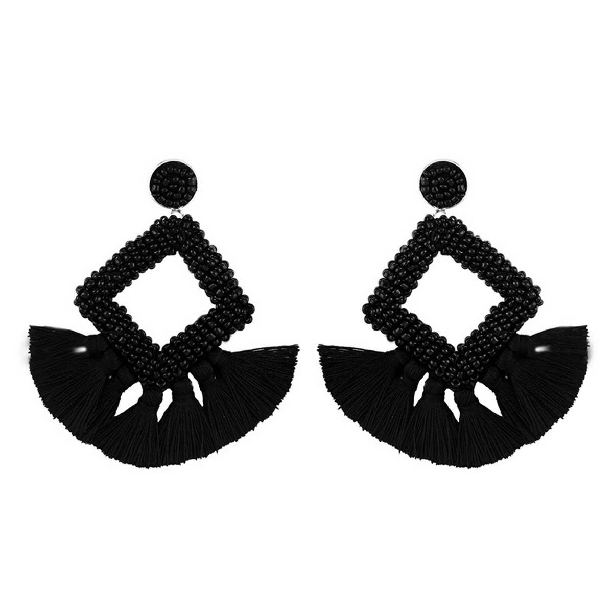 GEOMETRIC DIAMOND SHAPED RICE BEAD TASSEL EARRINGS