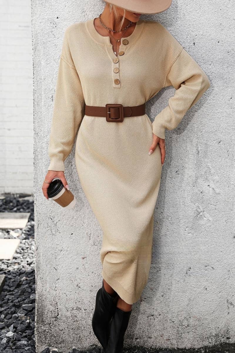 CWDMD538  Long Sleeve Loose V-Neck Button Tops Long Sweater