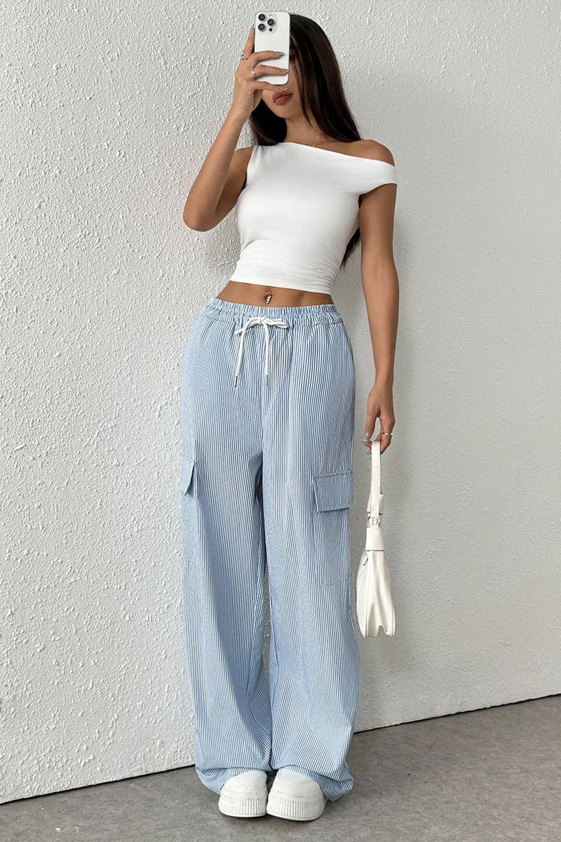 CWBLP00934_STRIPED TIE WAIST LIGHTWEIGHT WIDE LEG PANTS