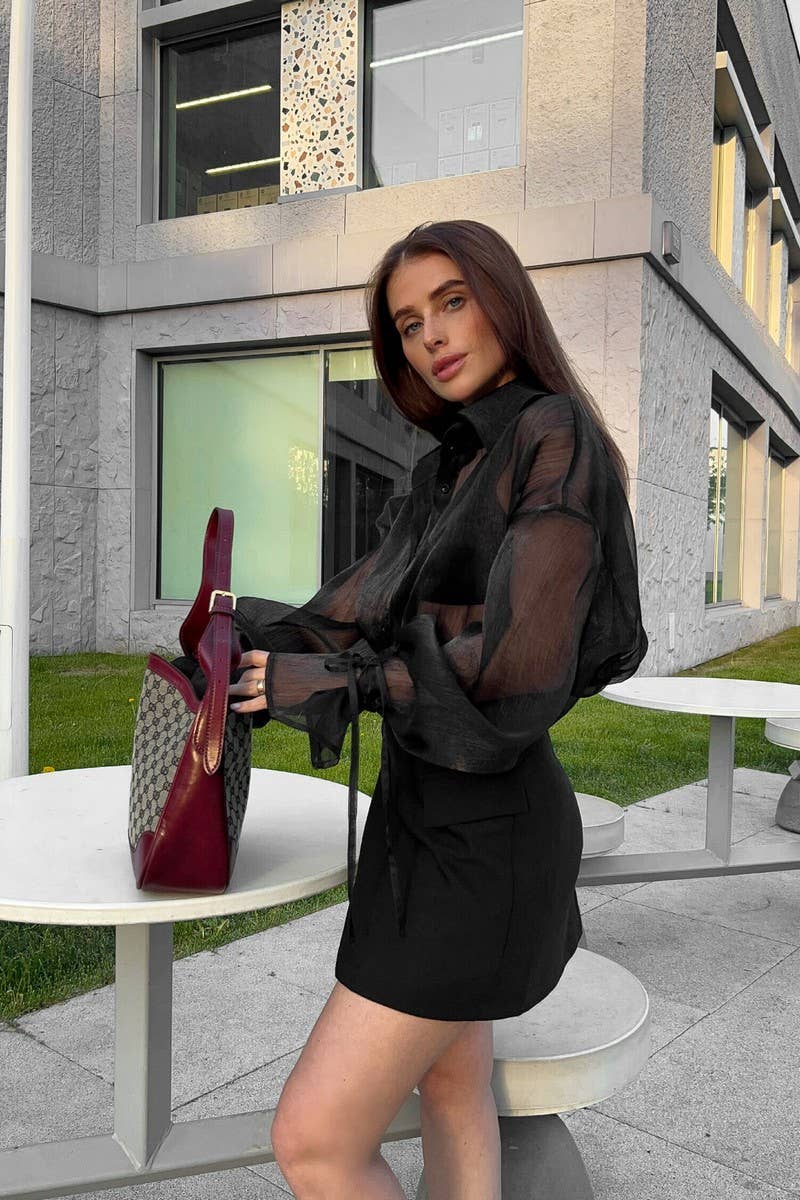 CWTSTL2580_LAPEL PUFF SLEEVE COMMUTER SEE-THROUGH SHIRT