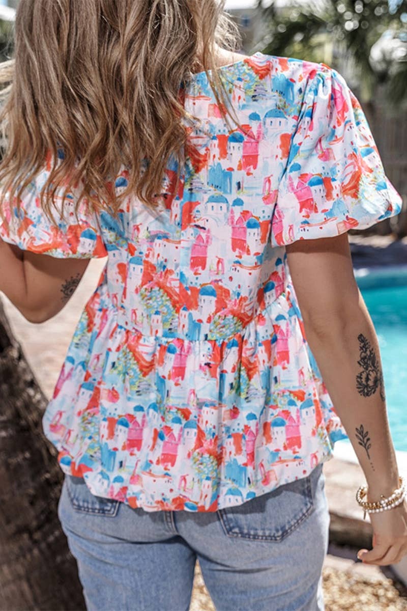 CWTBLS1330_BOHO CREW-NECK FLORAL SHORT-SLEEVED TOP