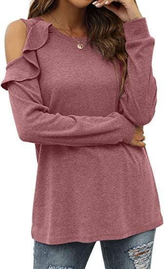 CREW-NECK, OFF-SHOULDER, RUFFLED CASUAL SWEATER