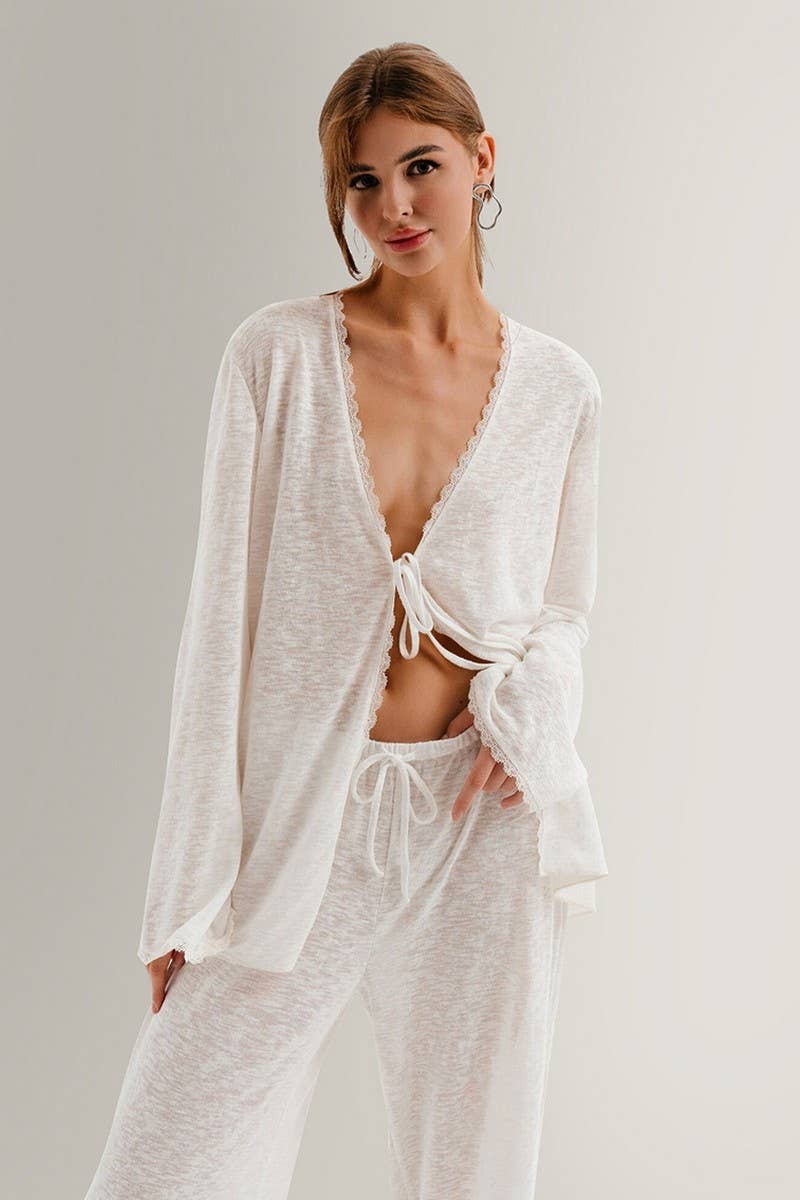CWSPJ0173_KNITTED LACE-UP LONG SLEEVE PANTS PAJAMA SET