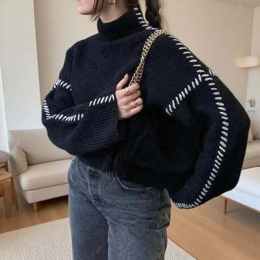 Color-blocking and patchwork round-neck sweater