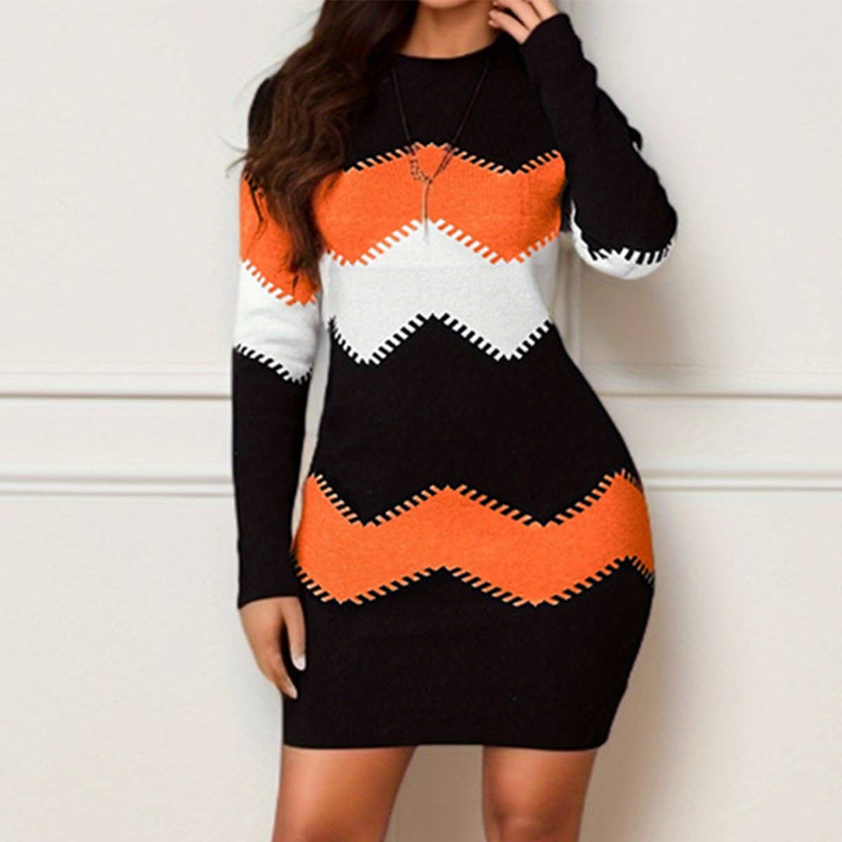 CREW-NECK LONG-SLEEVED KNIT DRESS WITH HIP WRAP
