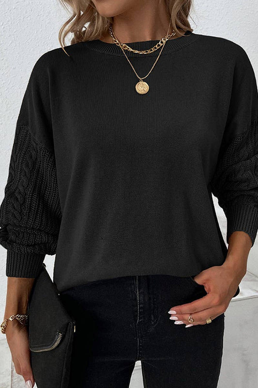 CWOSWL2945_SOLID COLOR CREW NECK CABLE KNIT SWEATER