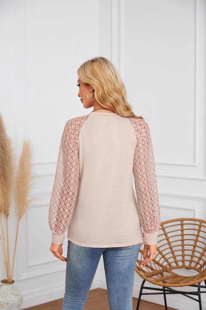 CWTBLL4096_LACE PANEL ROUND NECK PLEATED LONG SLEEVE TOP
