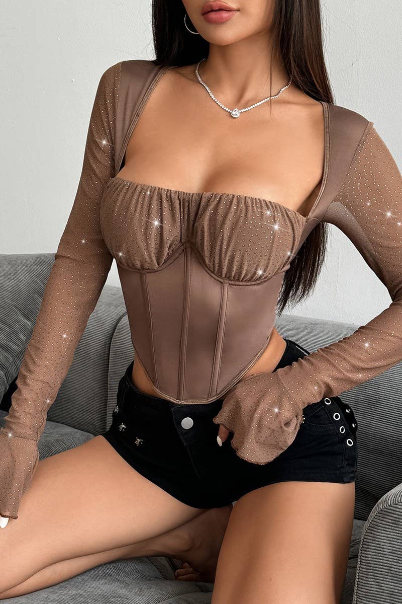 CWTBLL3648_BELL SLEEVE SEQUINED UNDERWIRED HERRINGBONE TOP