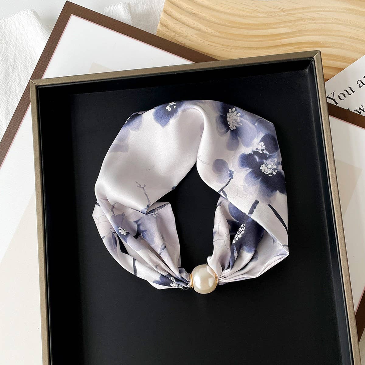 Silky Print Scarf Necklace ? Pearl Magnetic Clasp