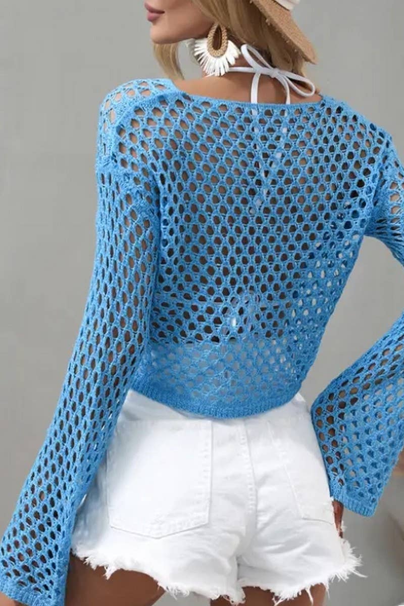 CWTSTSL0109_SPRING AND SUMMER CREW NECK HOLLOW KNIT CARDIGAN