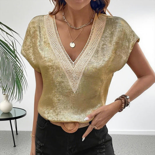 Casual loose V-neck bat-sleeve T-shirt