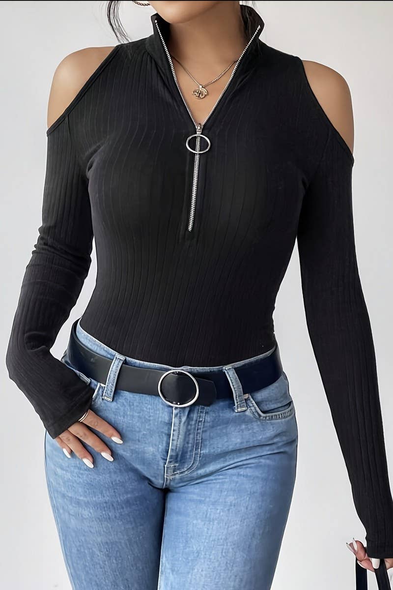 CWTBLL3546_ZIPPERED STAND COLLAR OFF-THE-SHOULDER TOP