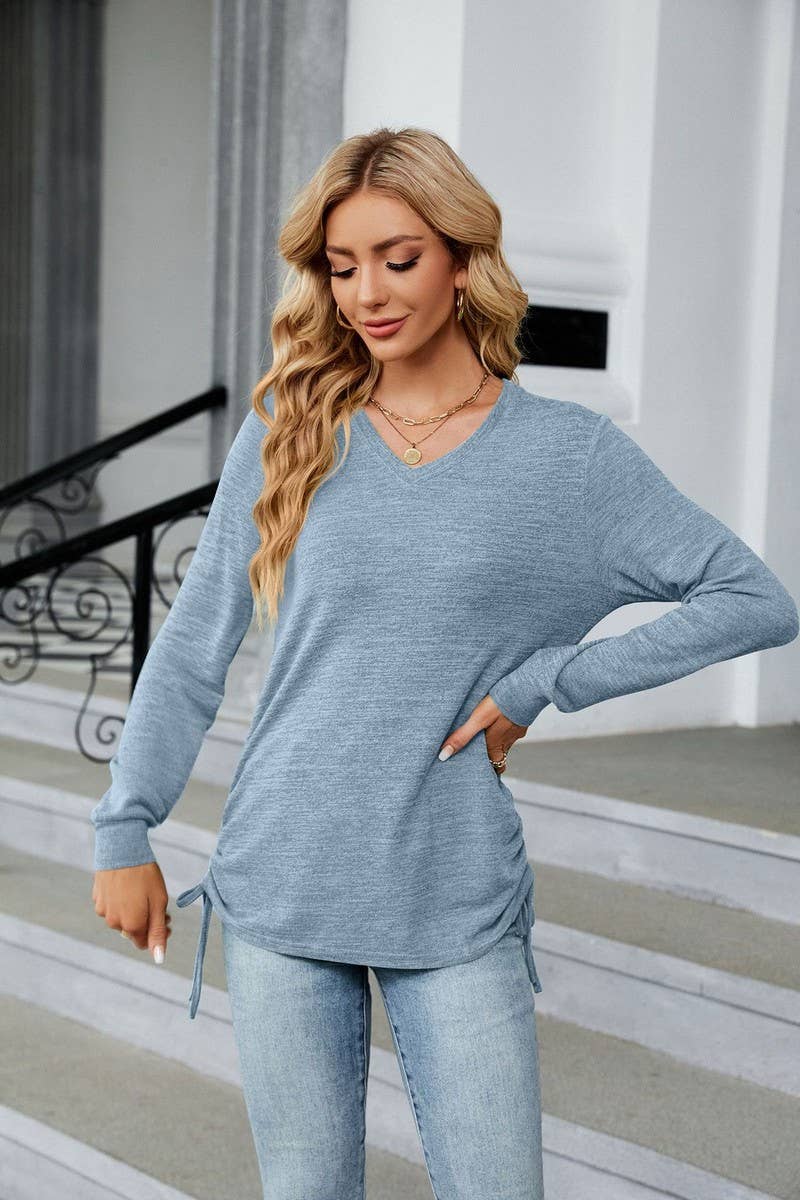 CWTBLL3662_WOMEN'S V-NECK PLEATED LONG SLEEVED LOOSE T-SHIRT