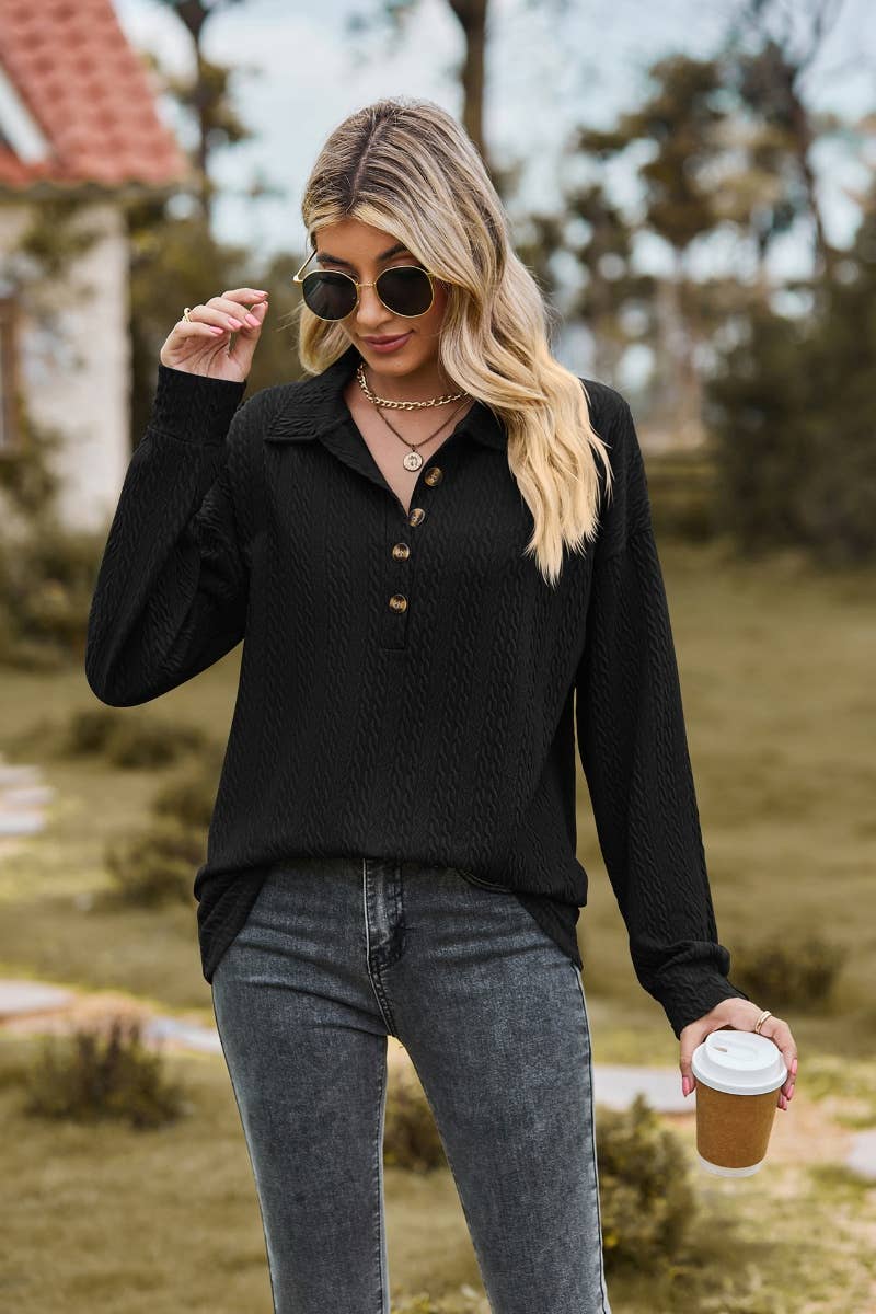 CWTBLL2803_LAPEL BUTTON-DOWN LONG-SLEEVED BAGGY TOP